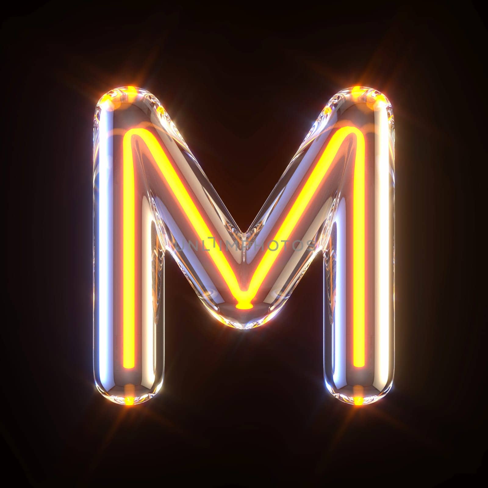 Glowing glass tube font Letter M 3D render illustration isolated on black background
