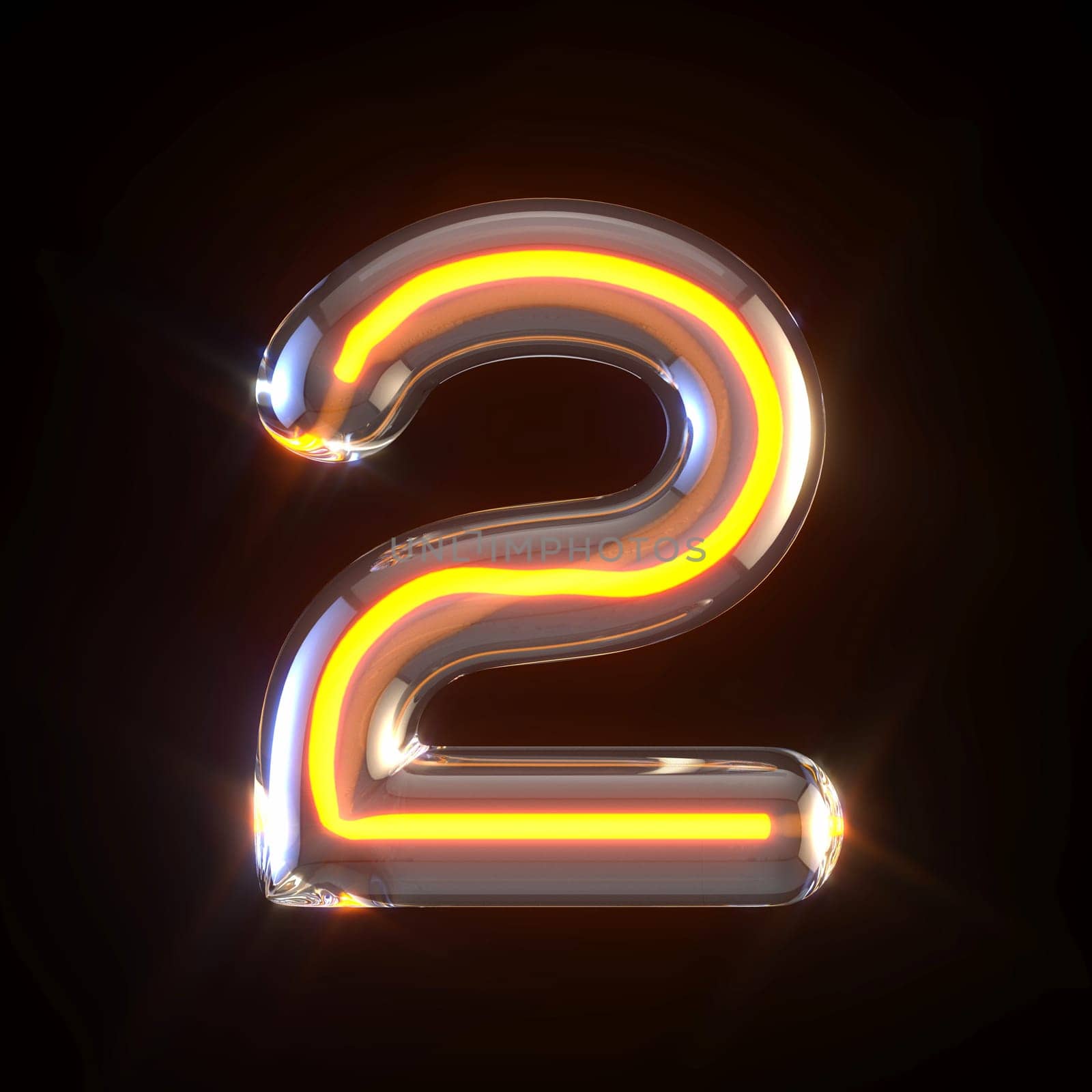Glowing glass tube font Number 2 TWO 3D render illustration isolated on black background