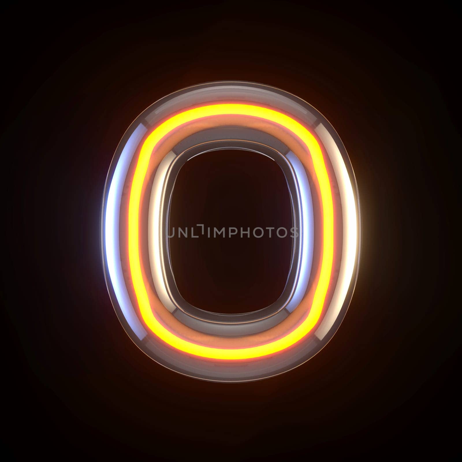 Glowing glass tube font Letter O 3D render illustration isolated on black background