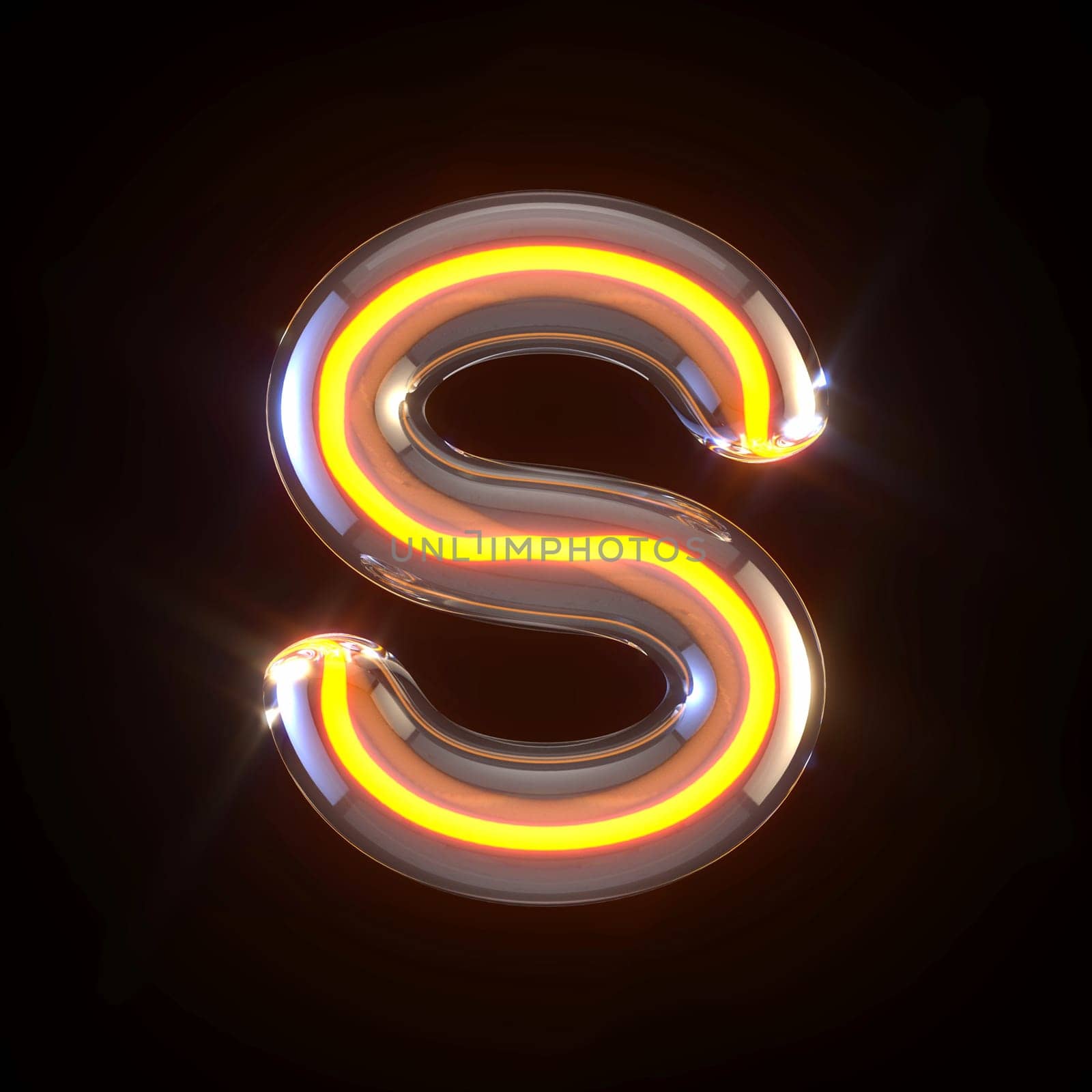 Glowing glass tube font Letter S 3D render illustration isolated on black background