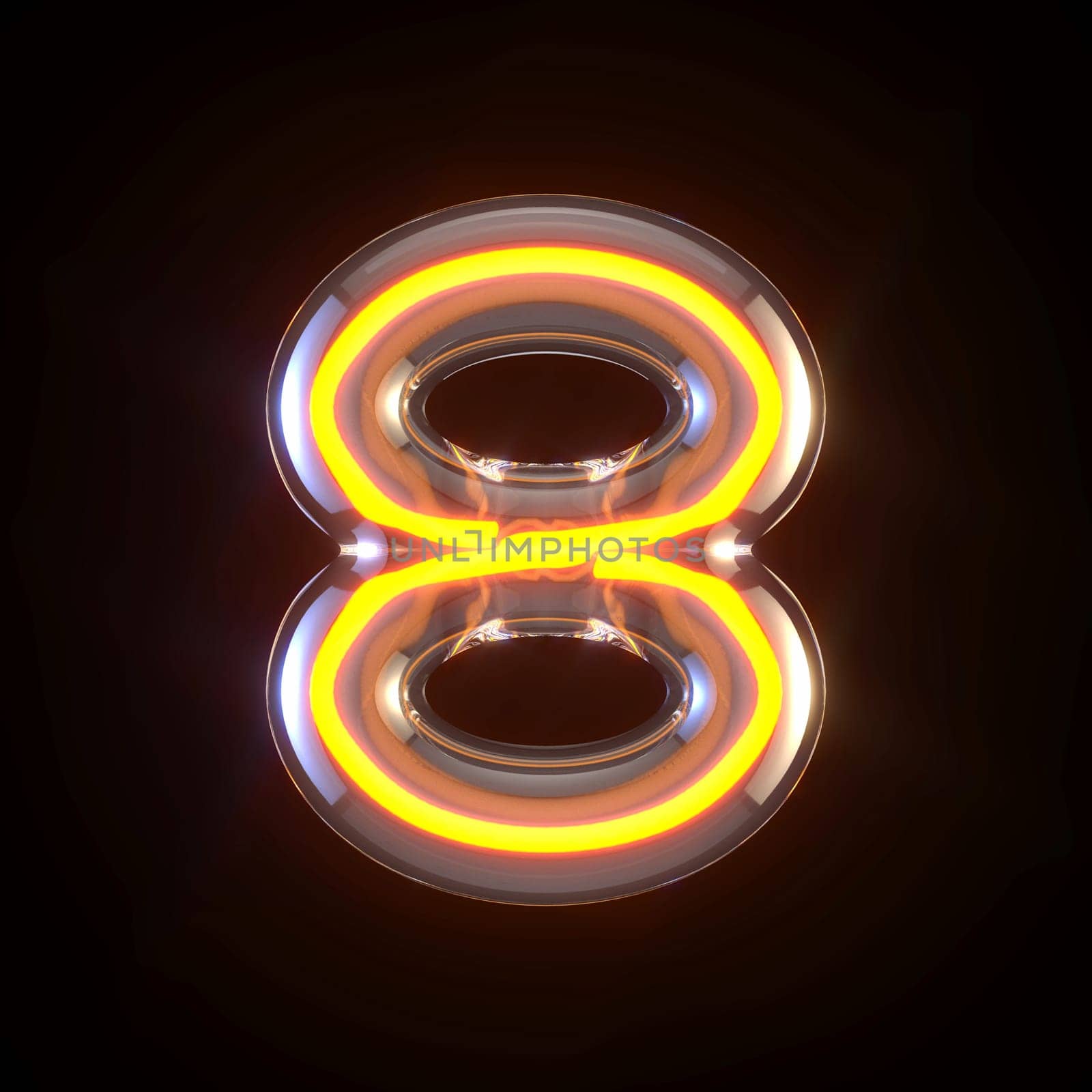 Glowing glass tube font Number 8 EIGHT 3D render illustration isolated on black background