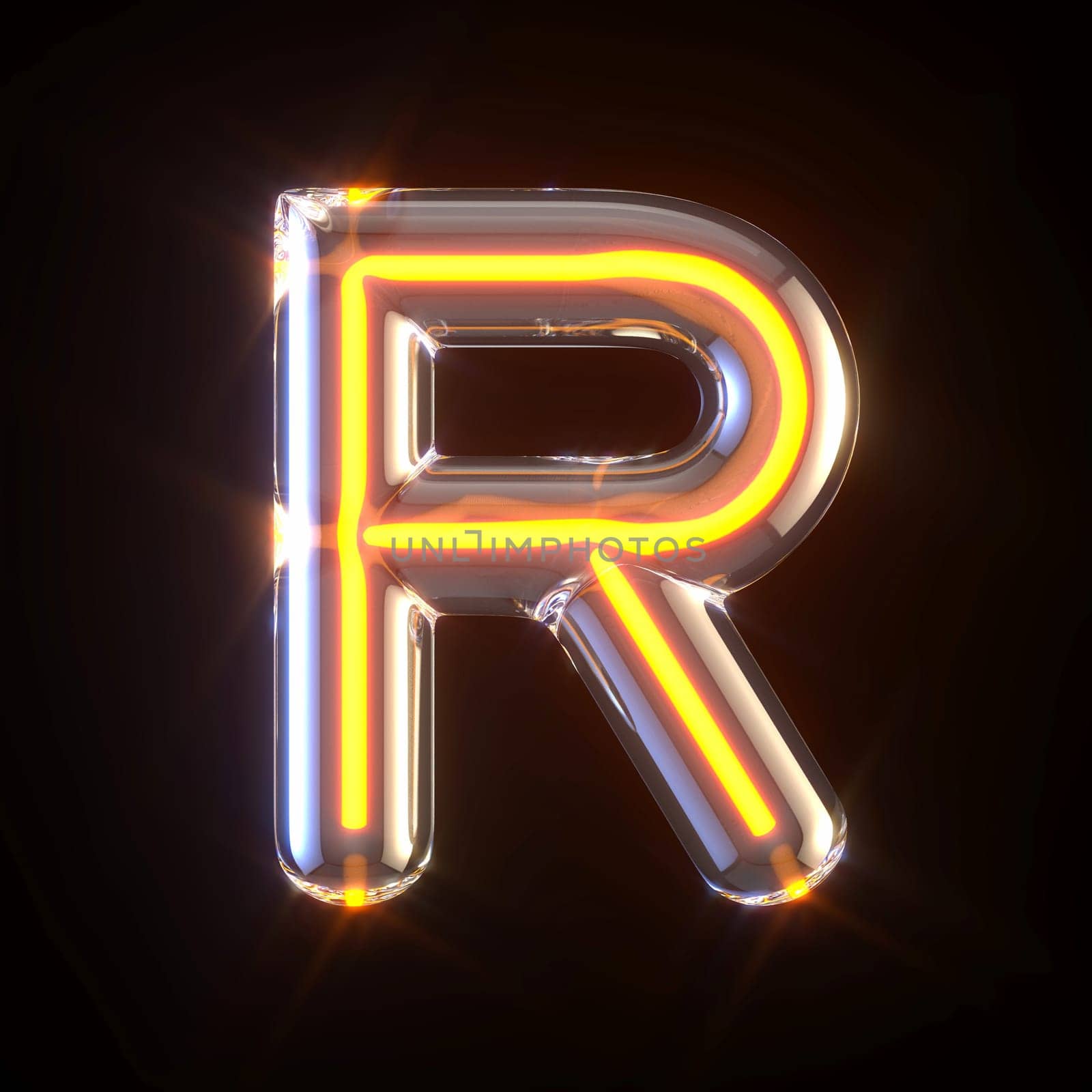 Glowing glass tube font Letter R 3D render illustration isolated on black background