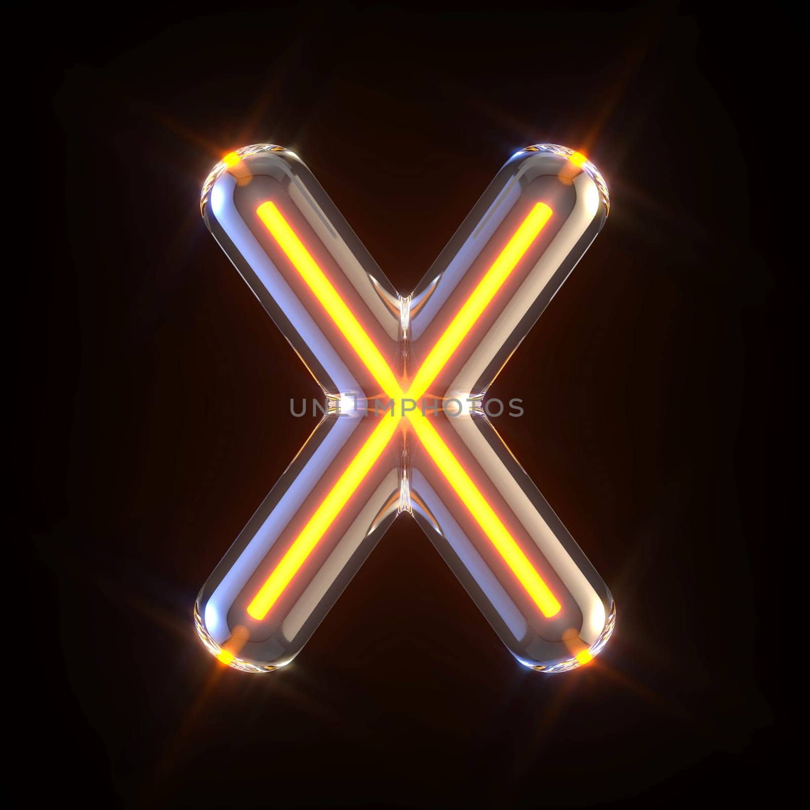 Glowing glass tube font Letter X 3D render illustration isolated on black background