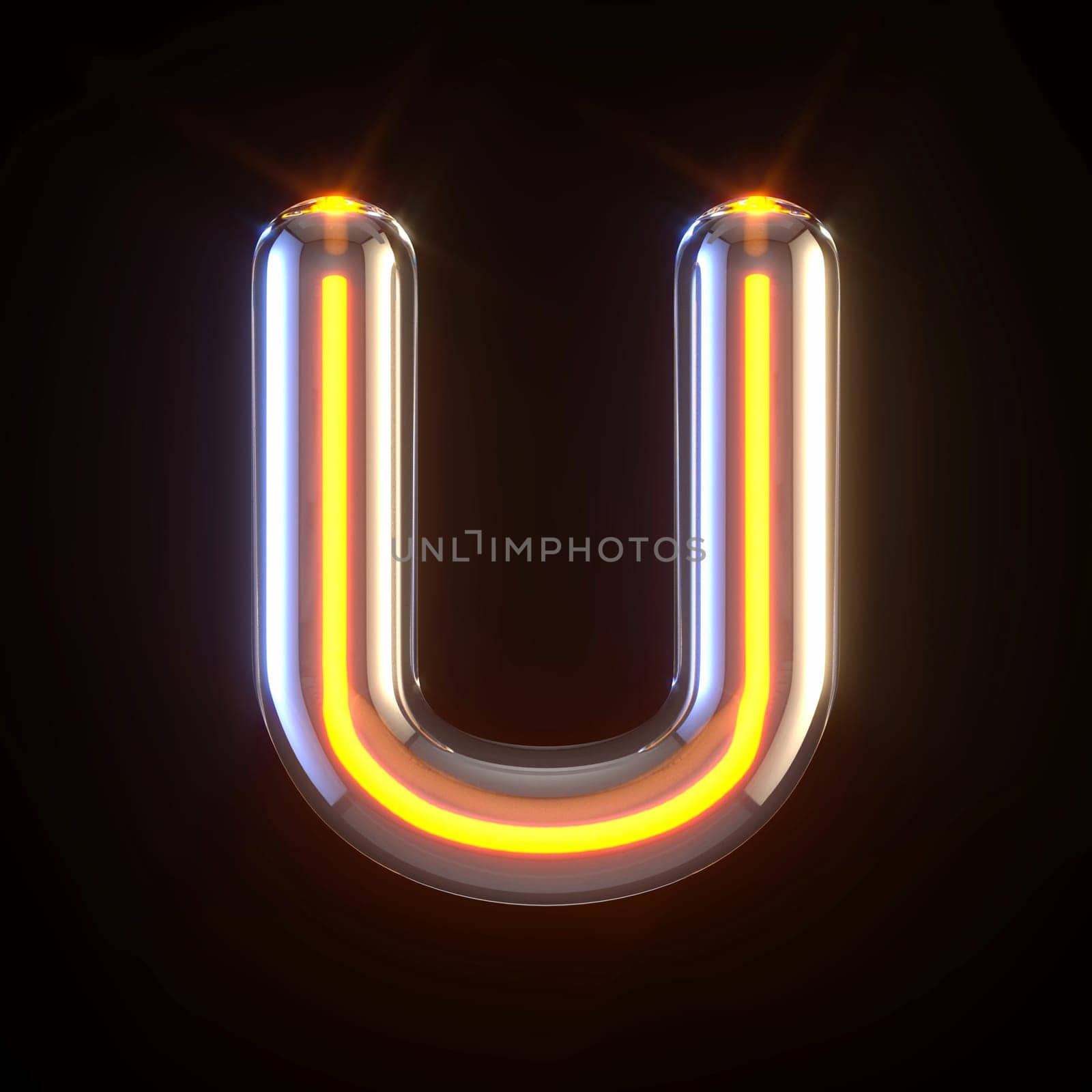 Glowing glass tube font Letter U 3D render illustration isolated on black background