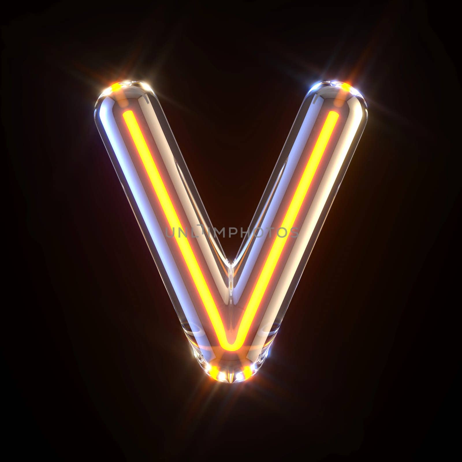 Glowing glass tube font Letter V 3D render illustration isolated on black background