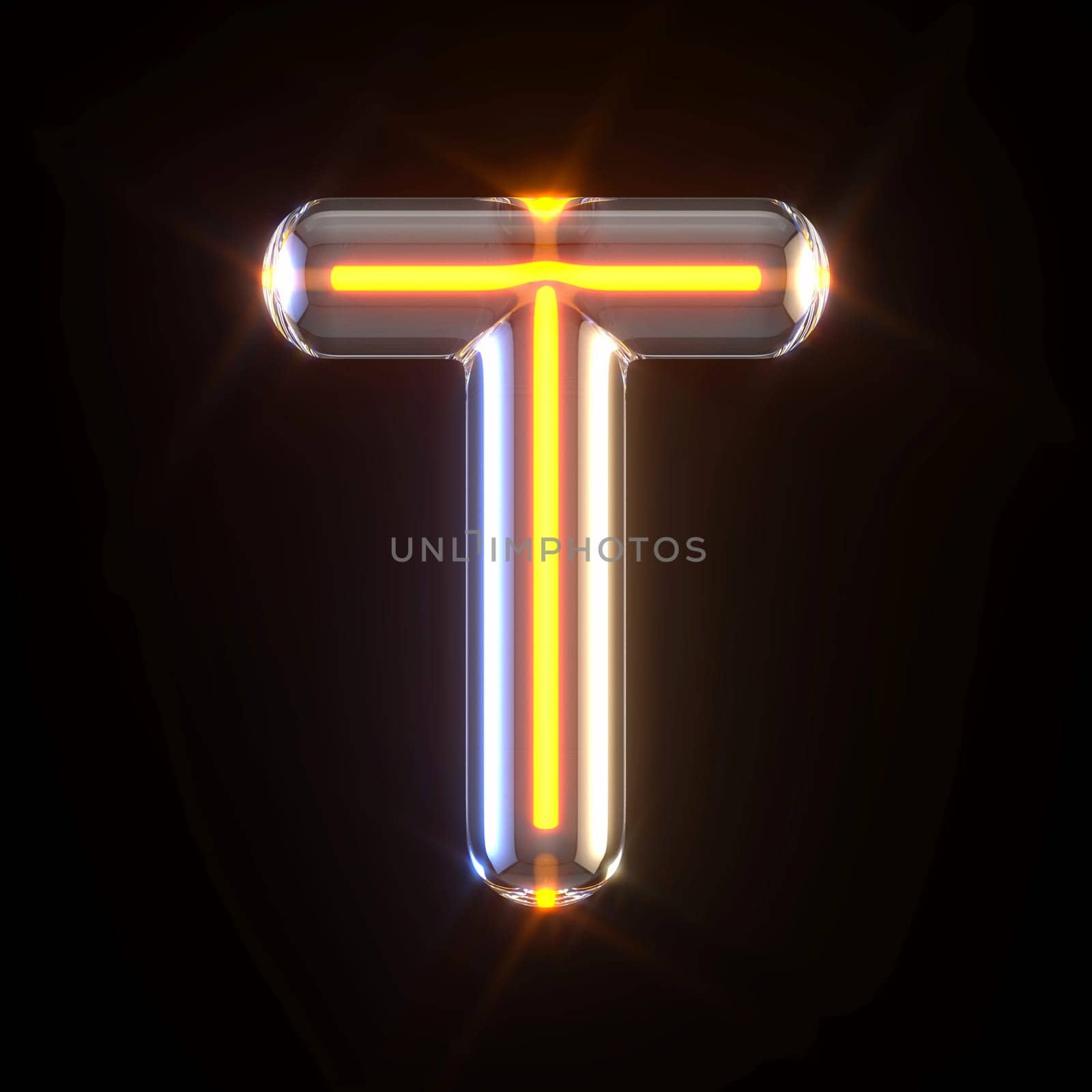 Glowing glass tube font Letter T 3D render illustration isolated on black background