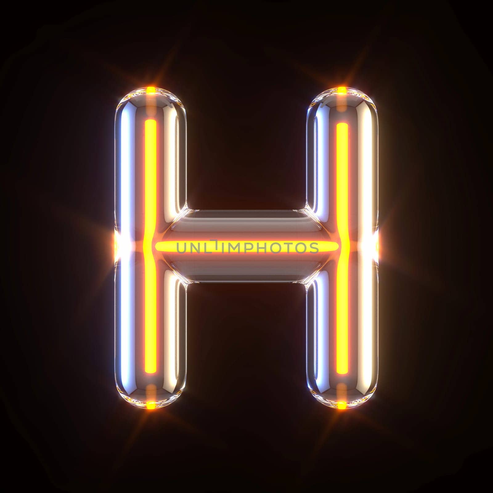Glowing glass tube font Letter H 3D render illustration isolated on black background