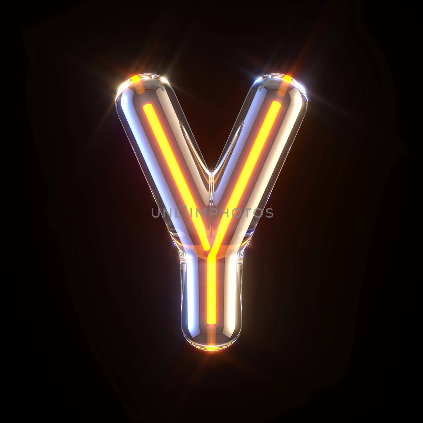 Glowing glass tube font Letter Y 3D render illustration isolated on black background