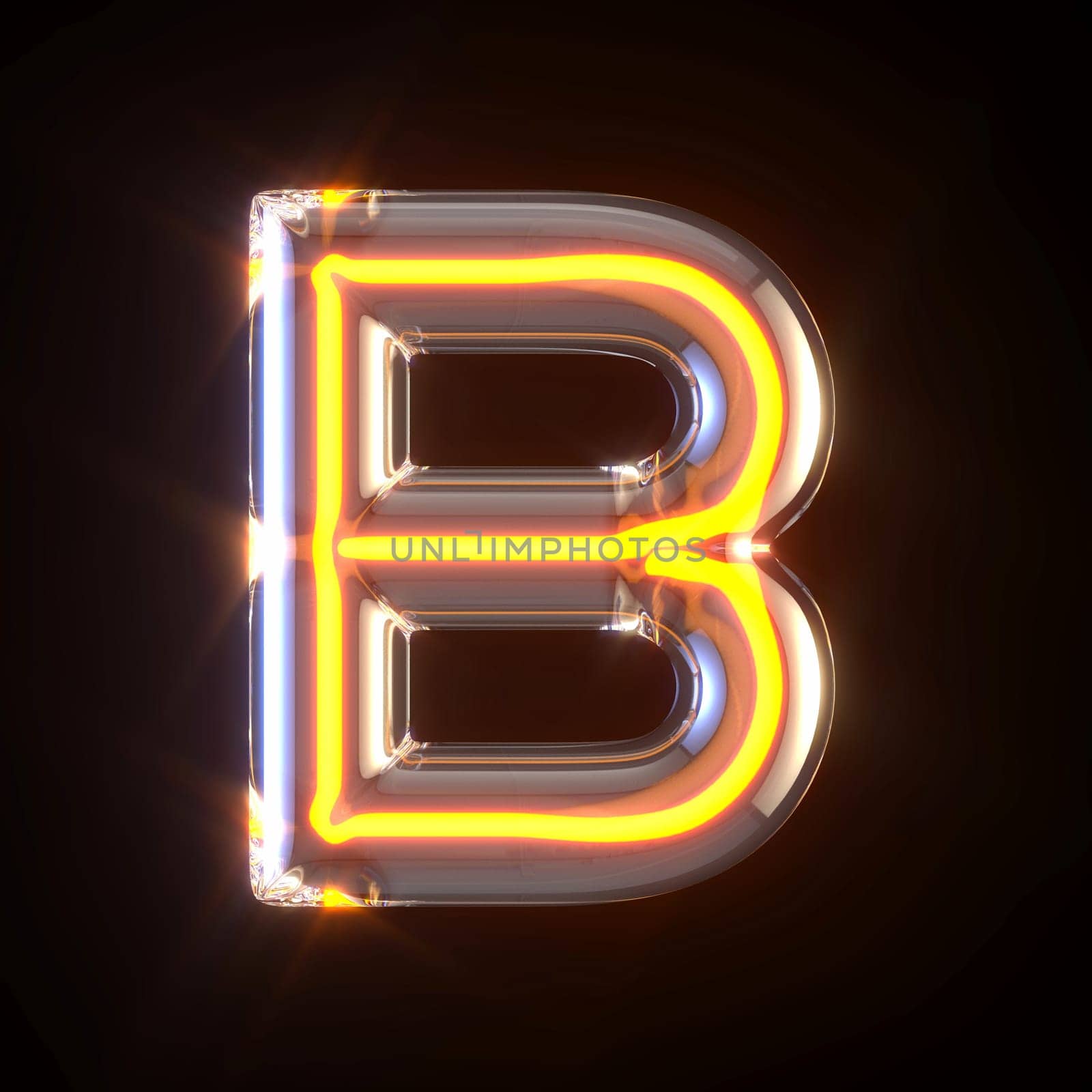 Glowing glass tube font Letter B 3D render illustration isolated on black background