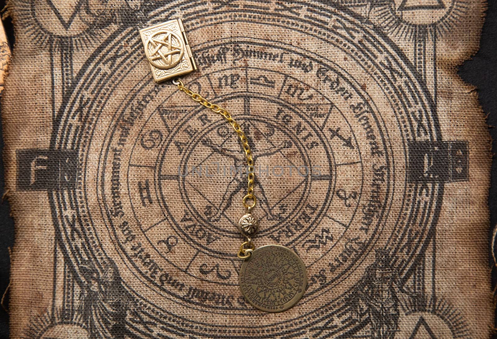 Ancient esoteric witchcraft background. Occultims and paganism old symbol, with mysterious runes and alphabet.