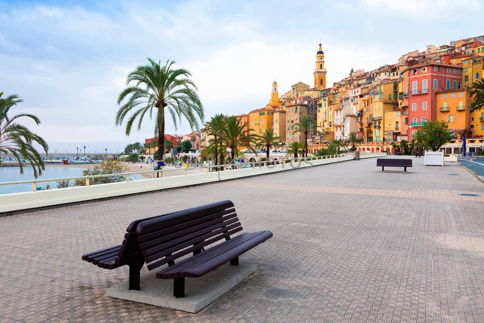 Menton, France - circa August 2021: view of the French Riviera, named the Coast Azur, located in the South of France. Sunrise light.