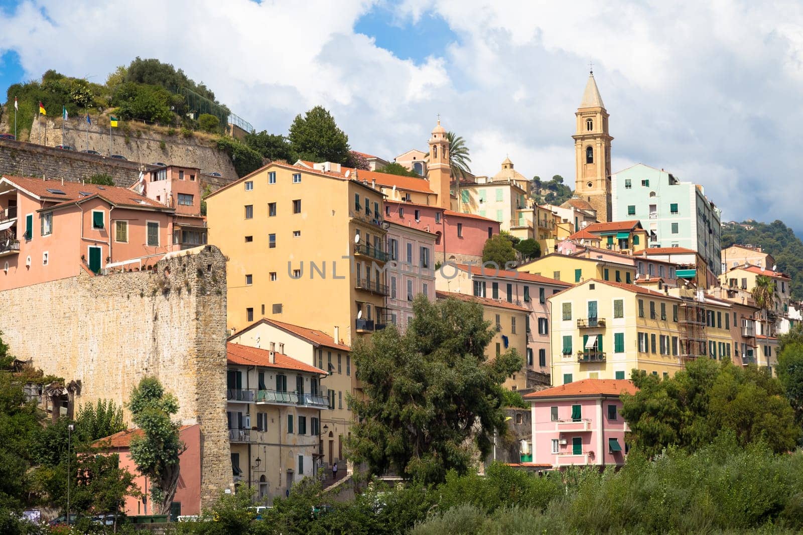 VENTIMIGLIA, ITALY - CIRCA AUGUST 2020: panarama of Ventimiglia old village in Liguria Region, sunny day with blue sky