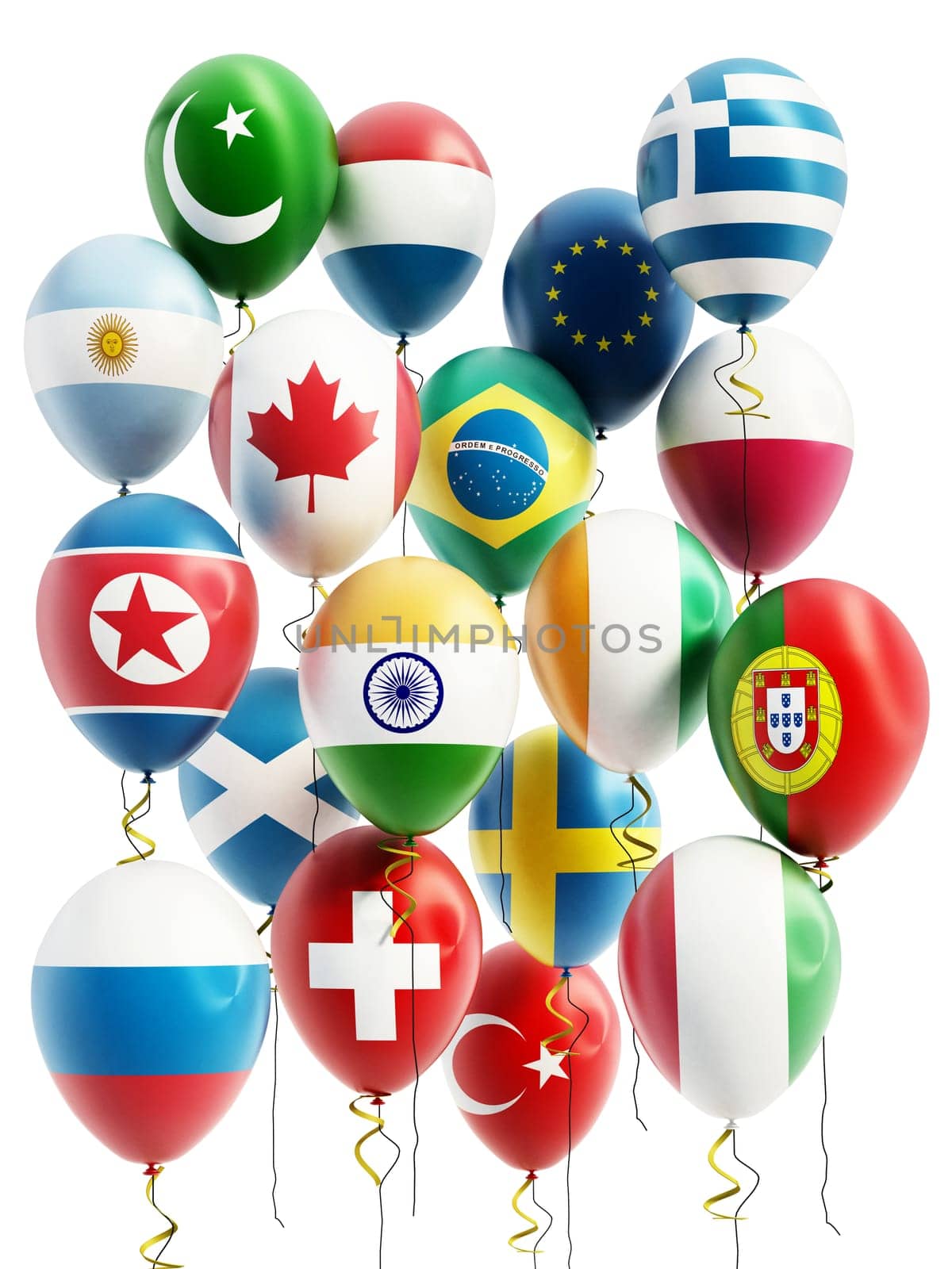 Flying balloons of various countries. 3D illustration.