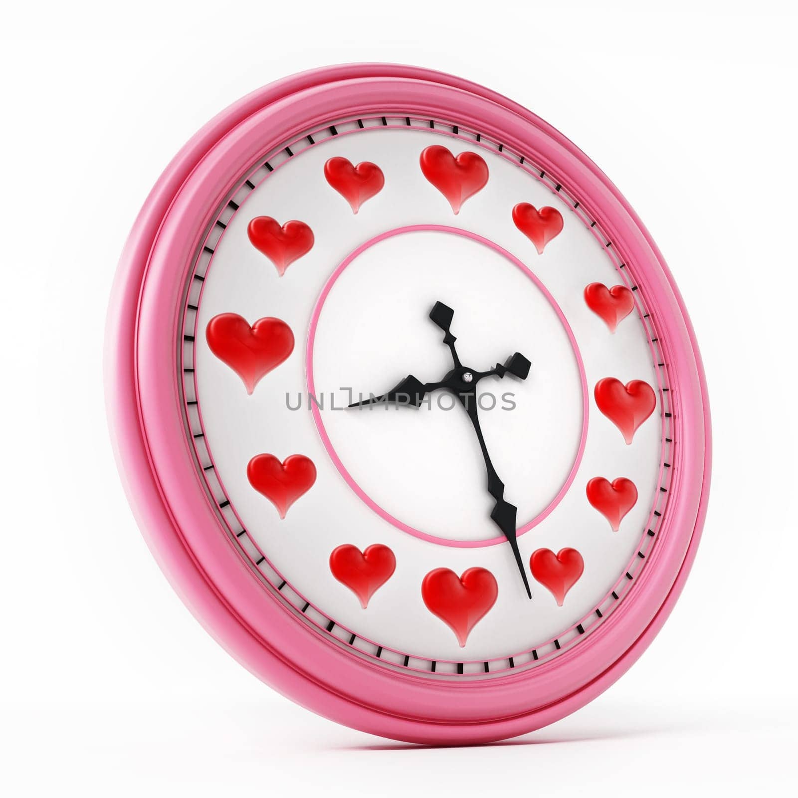 Red hearts on clock instead of numbers. 3D illustration.