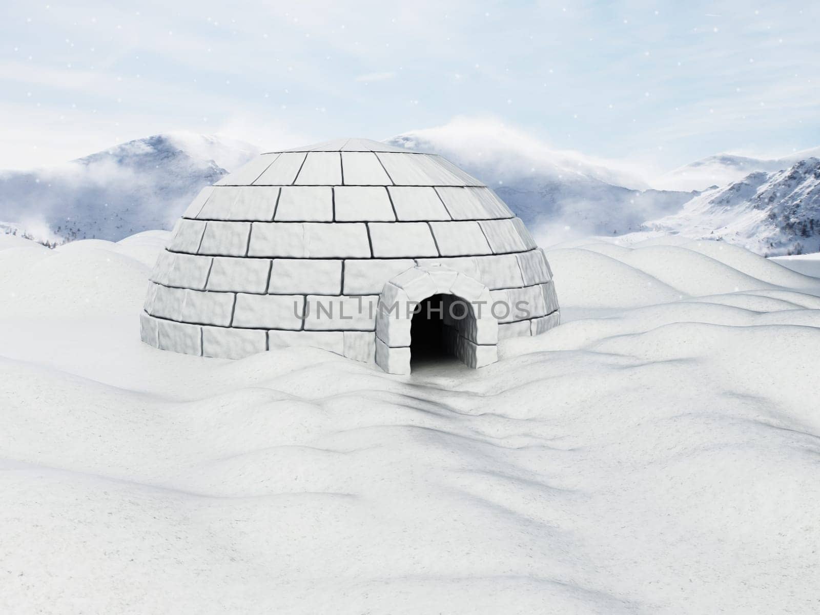 Igloo standing on snowy plane. 3D illustration.