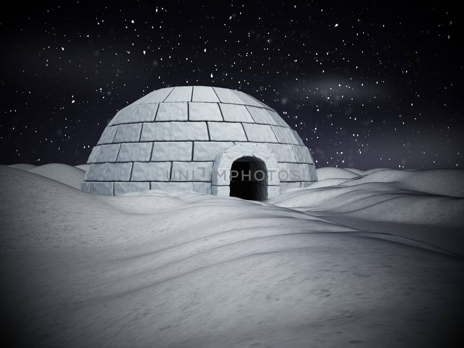 Igloo standing on snowy plane. 3D illustration.