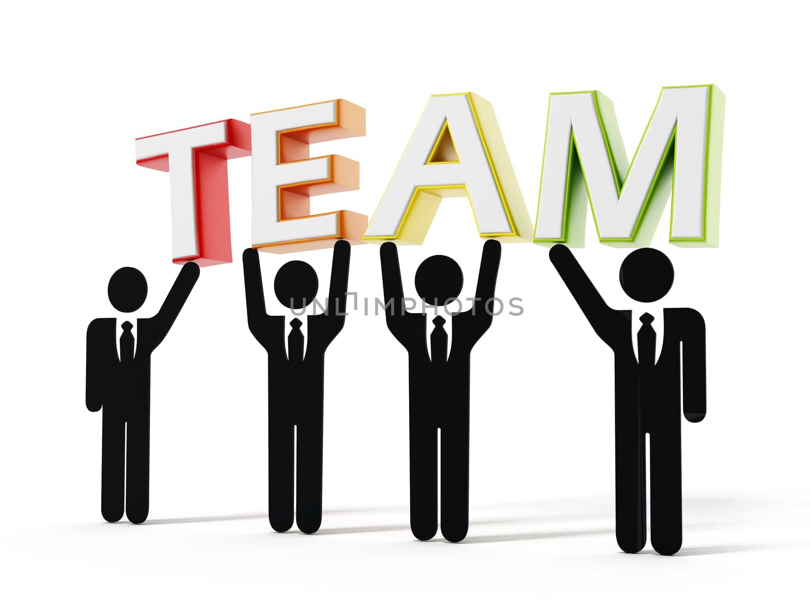 Business people holding T, E, A and M letters. 3D illustration.
