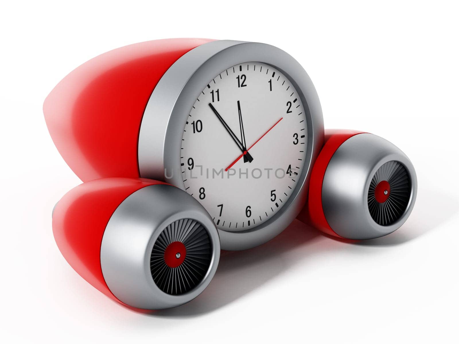 Clock pointing a couple of minutes to 12 with jet engines.3D illustration.
