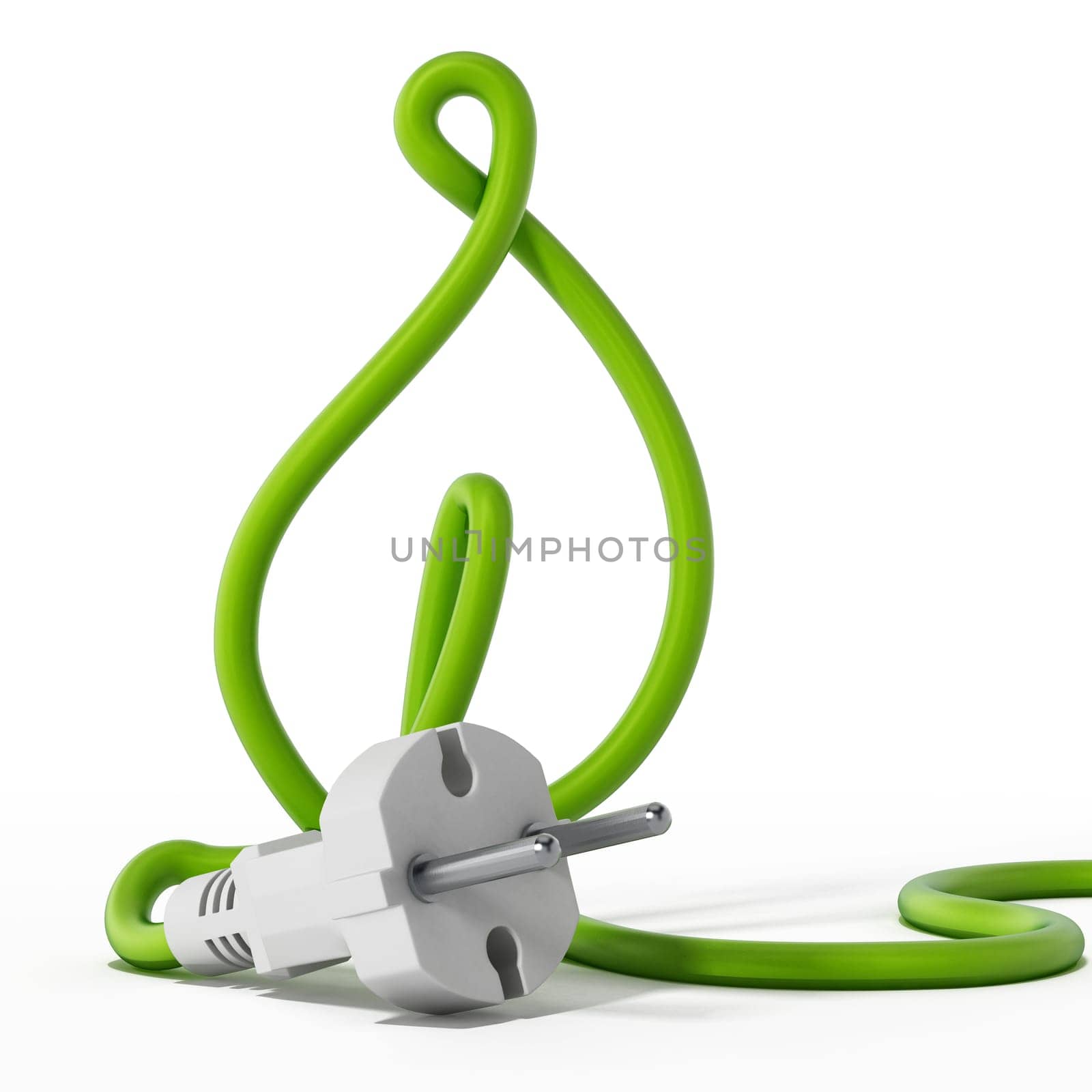 Cable of electric plug forming a leaf shape. 3D illustration.