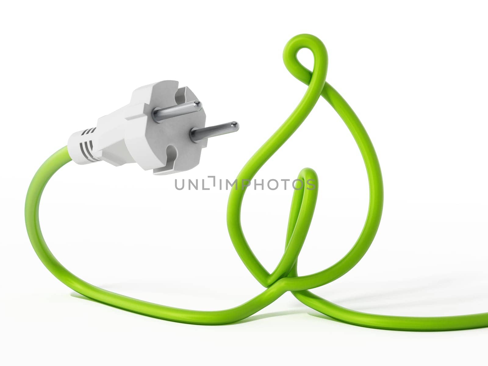 Cable of electric plug forming a leaf shape. 3D illustration.