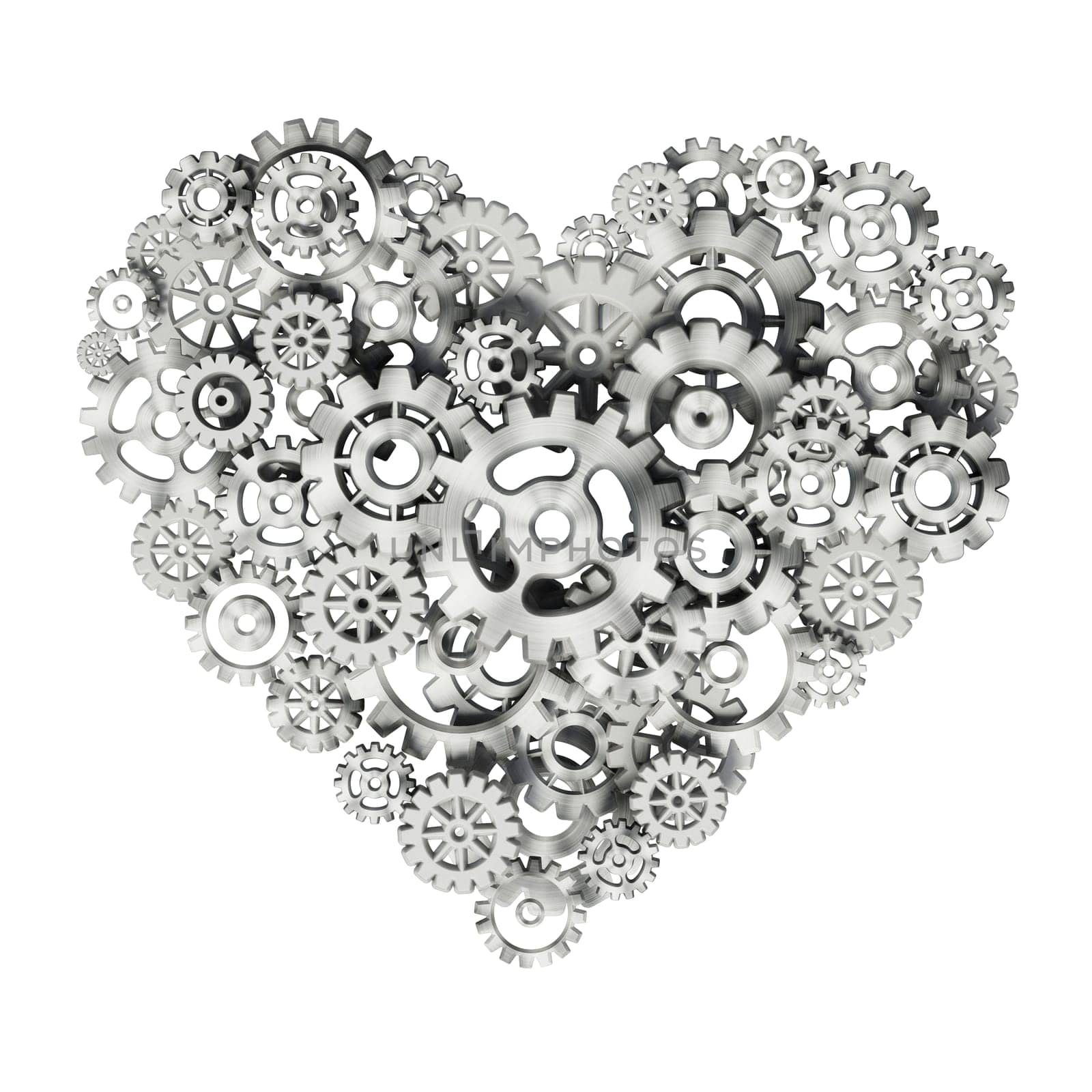 Metal gears forming heart shape. 3D illustration.