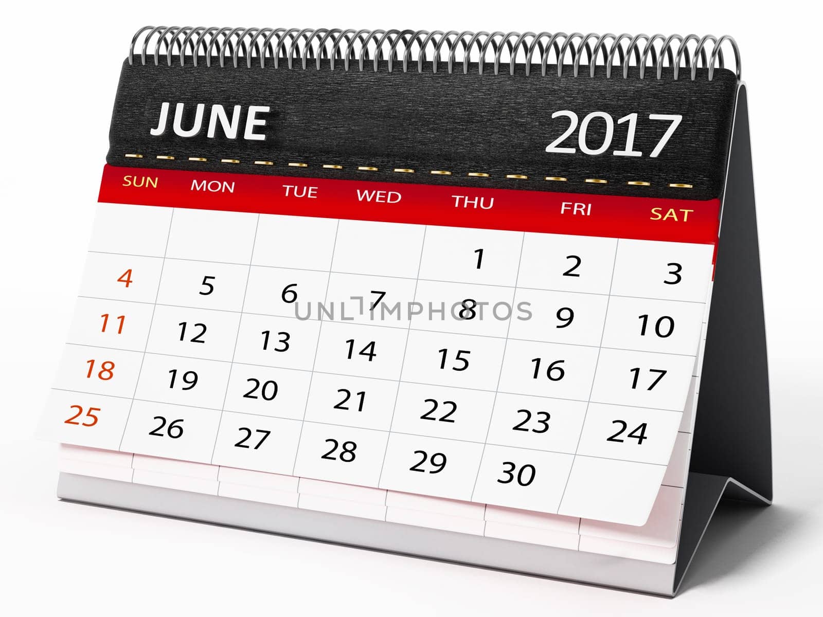 June 2017 desktop calendar isolated on white background. 3D illustration.
