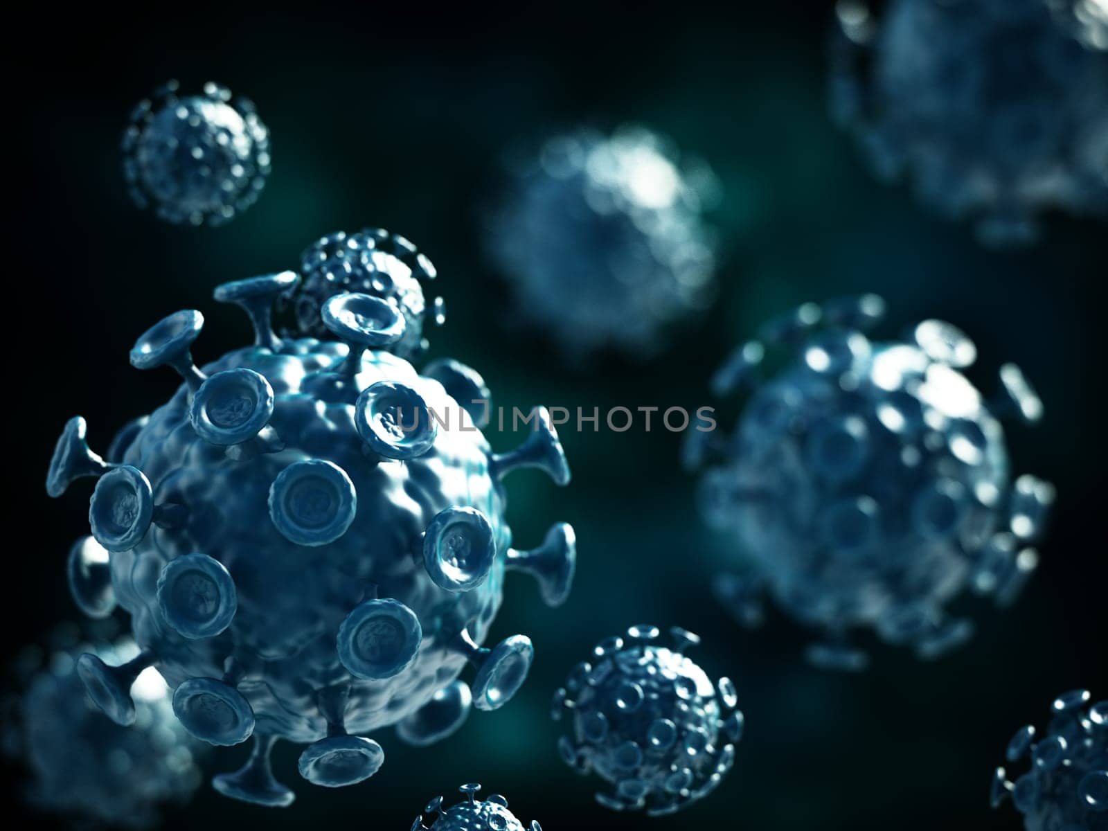 Green viruses on dark background. 3D illustration.