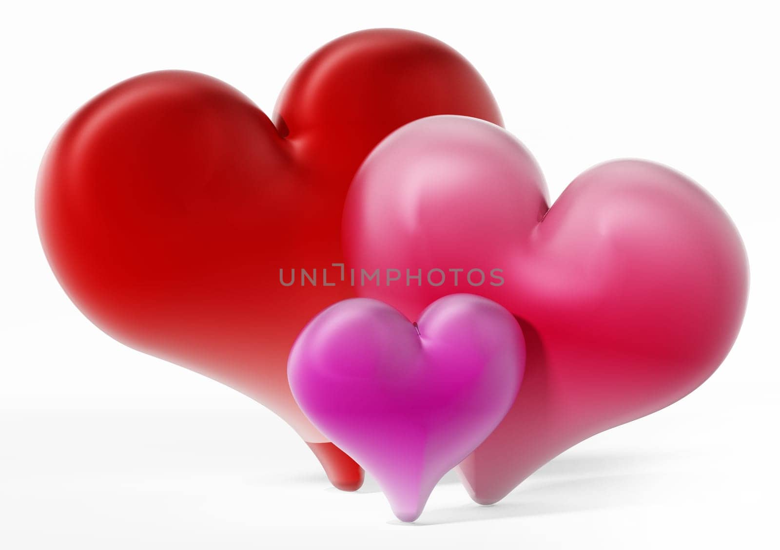 Red, pink and purple hearts isolated on white background.3D illustration.