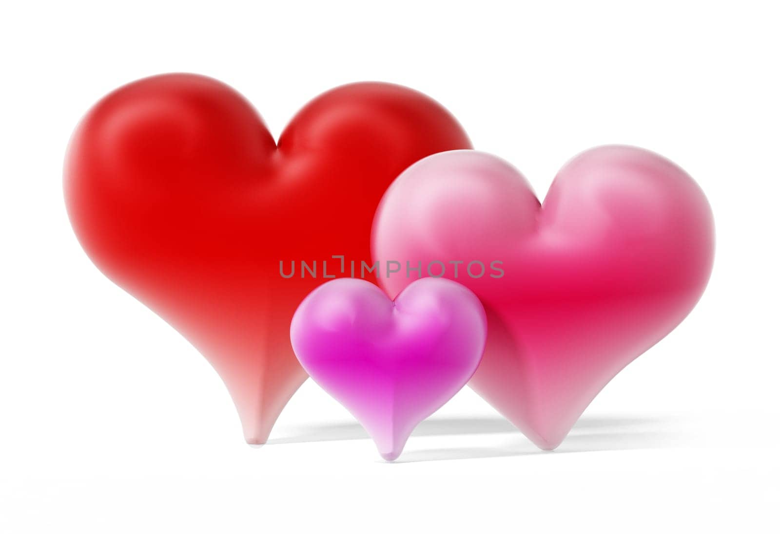 Red, pink and purple hearts isolated on white background.3D illustration.