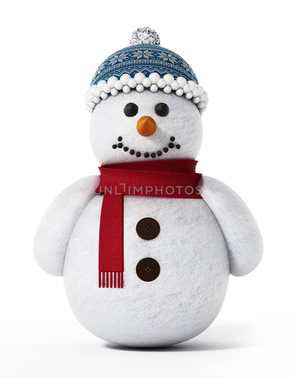 Snowman isolated on white background. 3D illustration.