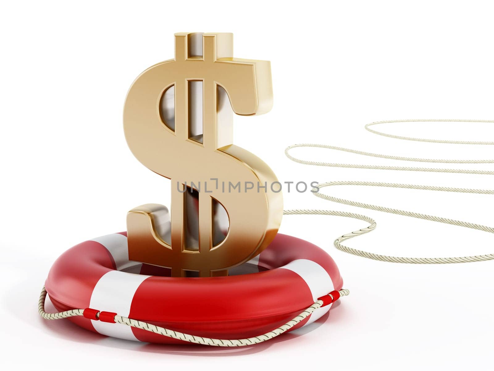 Golden dollar symbol on lifebelt. 3D illustration.