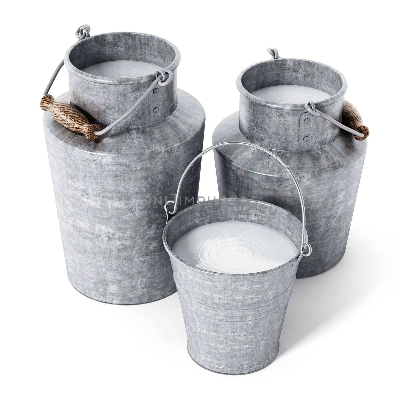 Metal bucket with milk isolated on white background. 3D illustration.