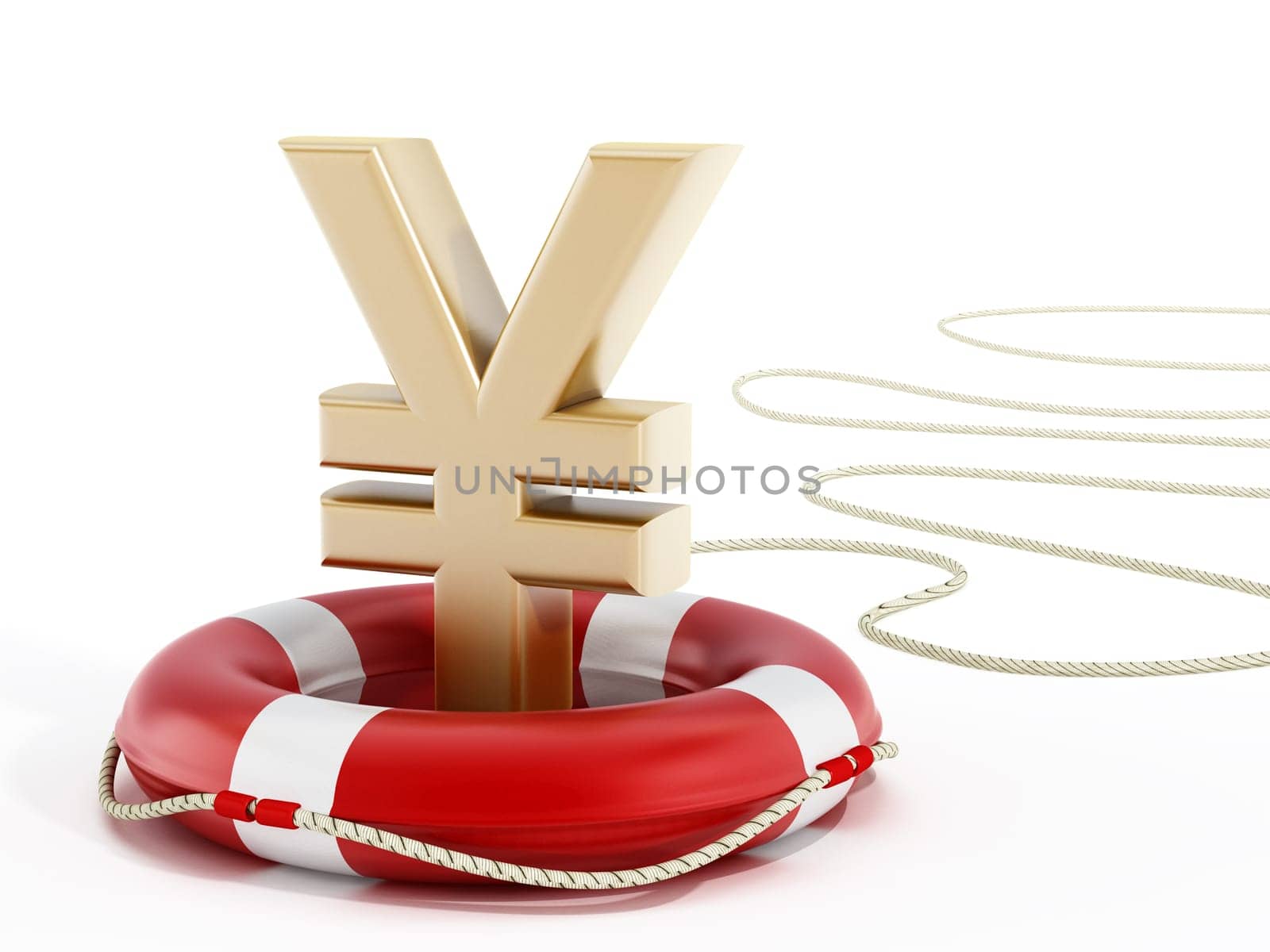 Golden yen symbol on lifebelt. 3D illustration.