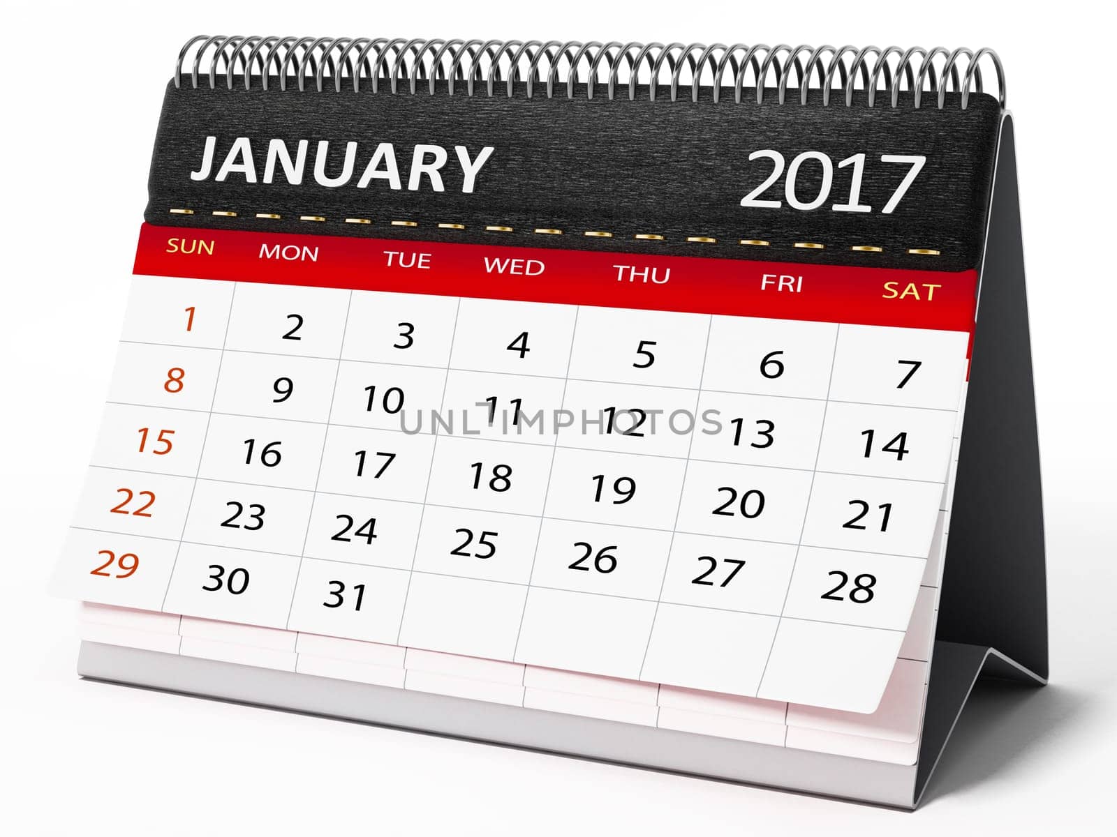 January 2017 desktop calendar isolated on white background. 3D illustration.