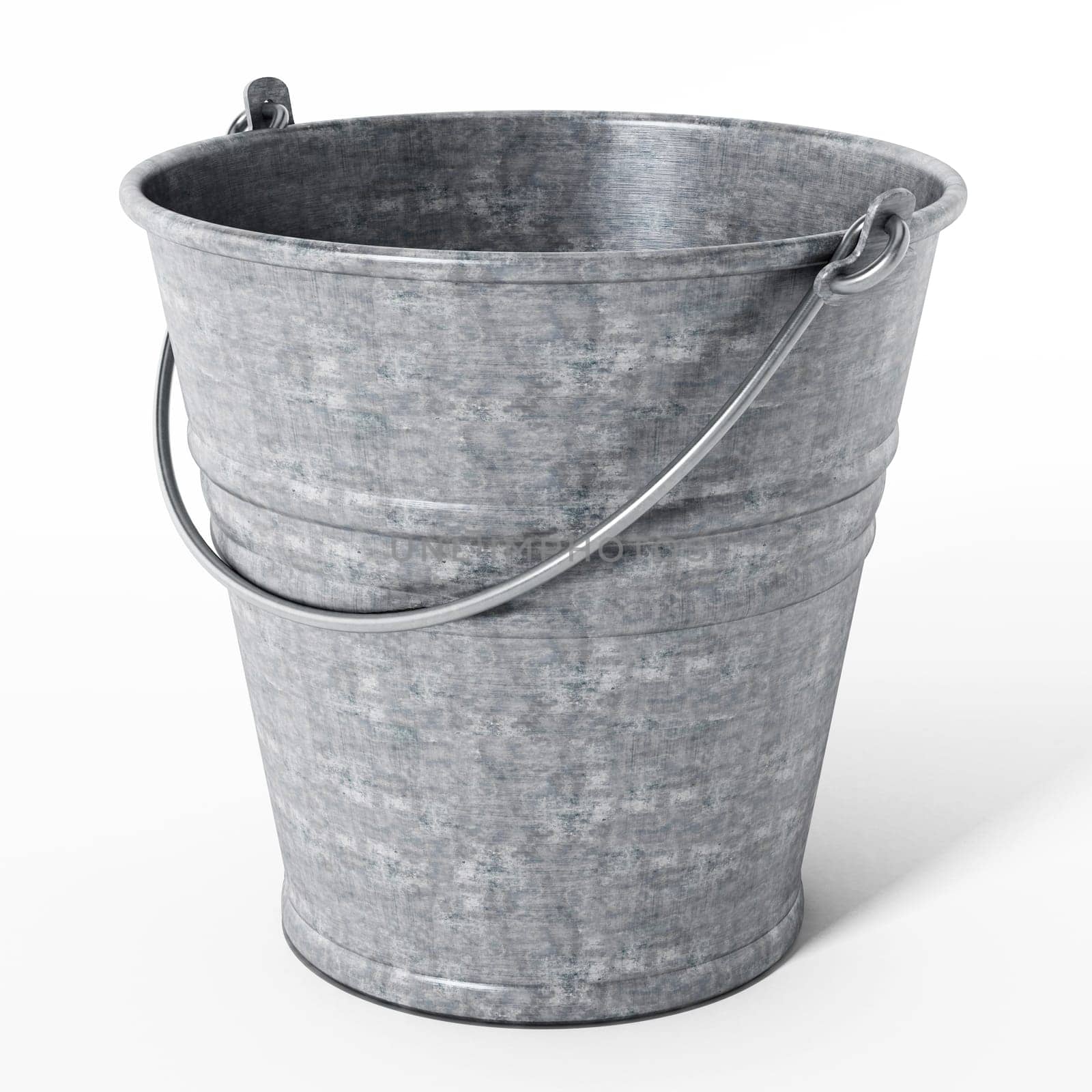 Empty metal bucket isolated on white background. 3D illustration.
