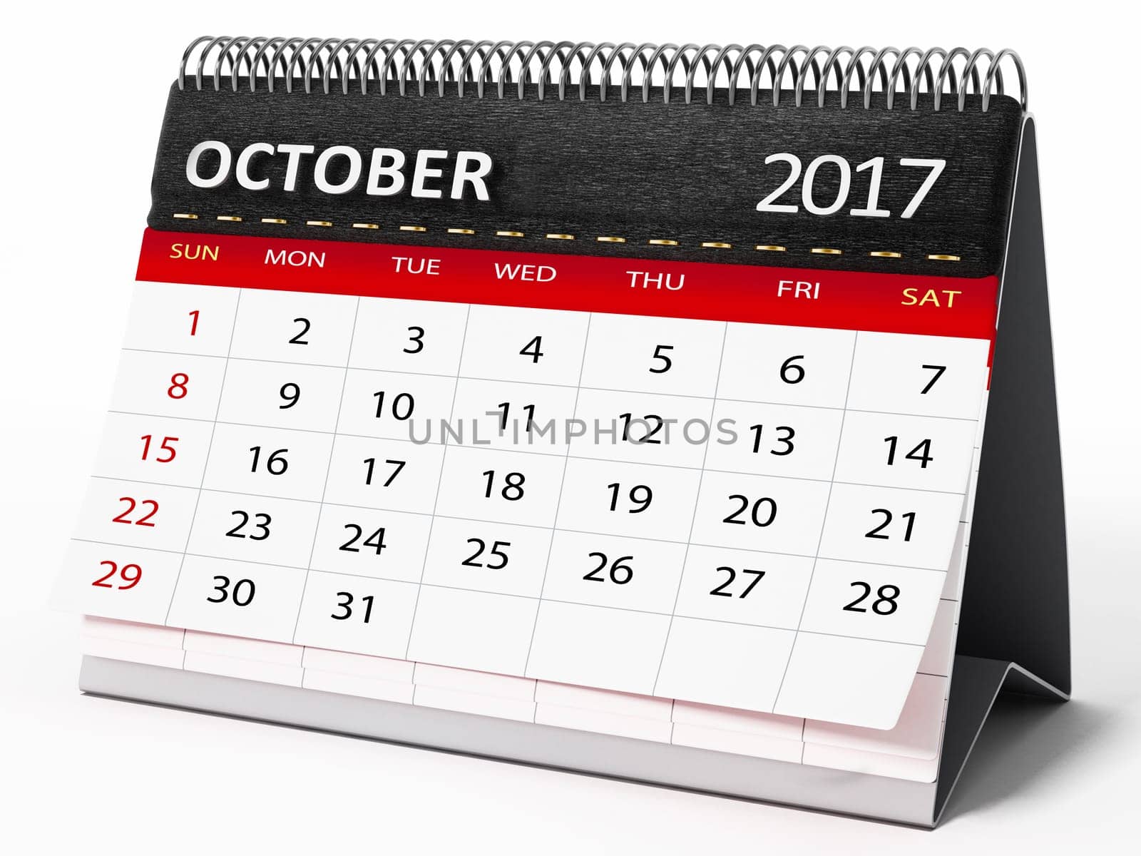 October 2017 desktop calendar isolated on white background. 3D illustration.