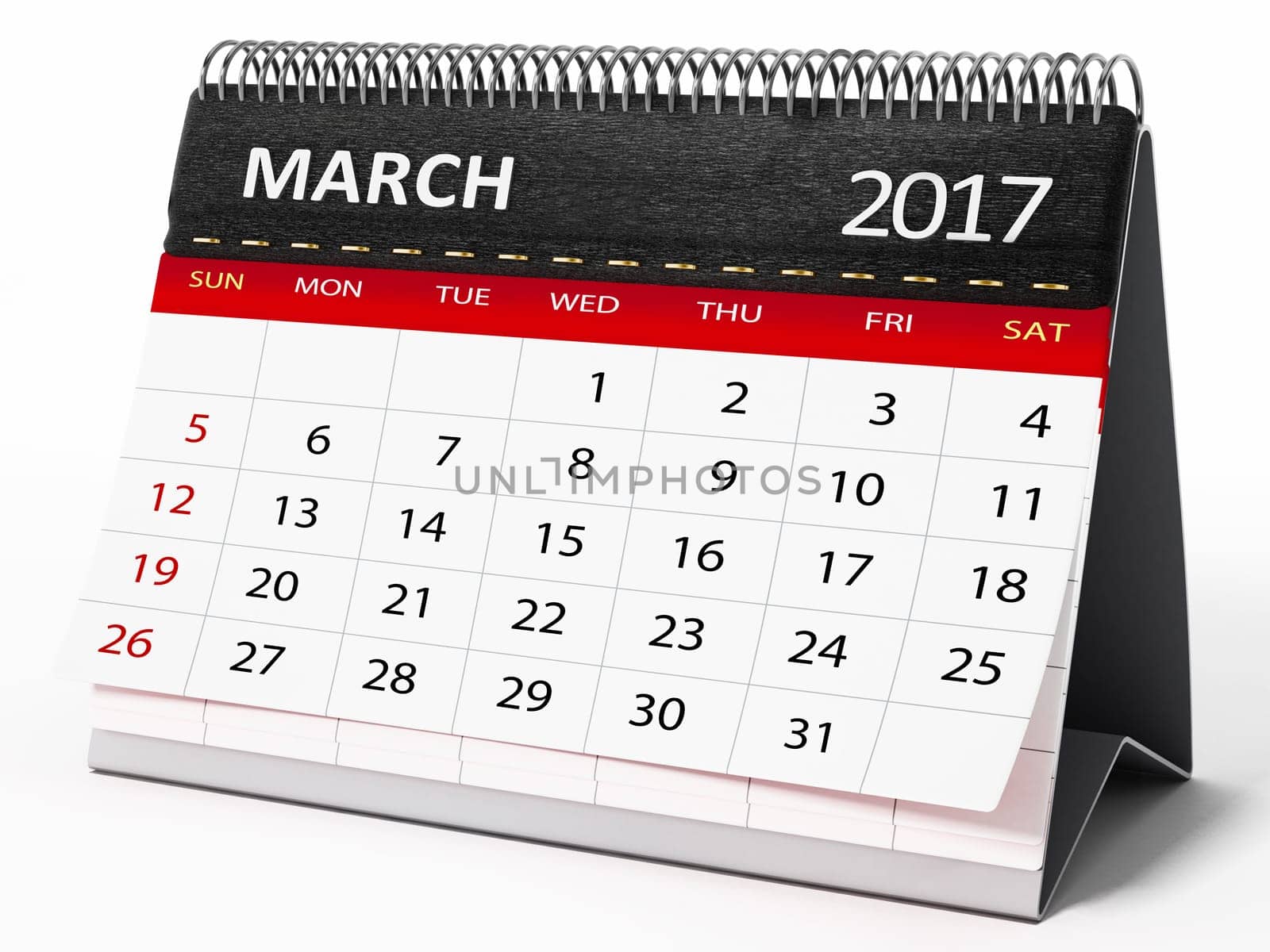 March 2017 desktop calendar isolated on white background. 3D illustration.