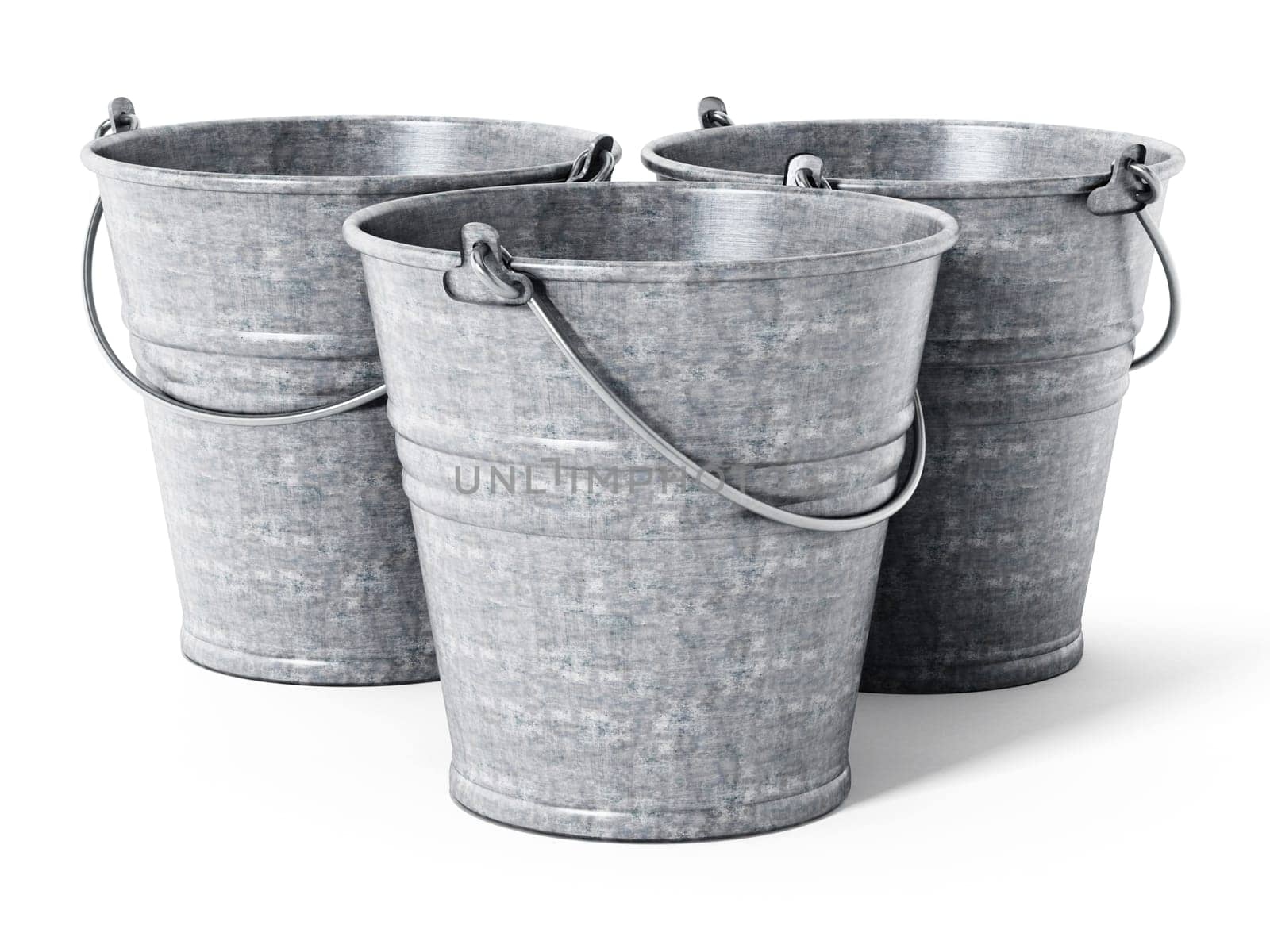 Empty metal bucket isolated on white background. 3D illustration.