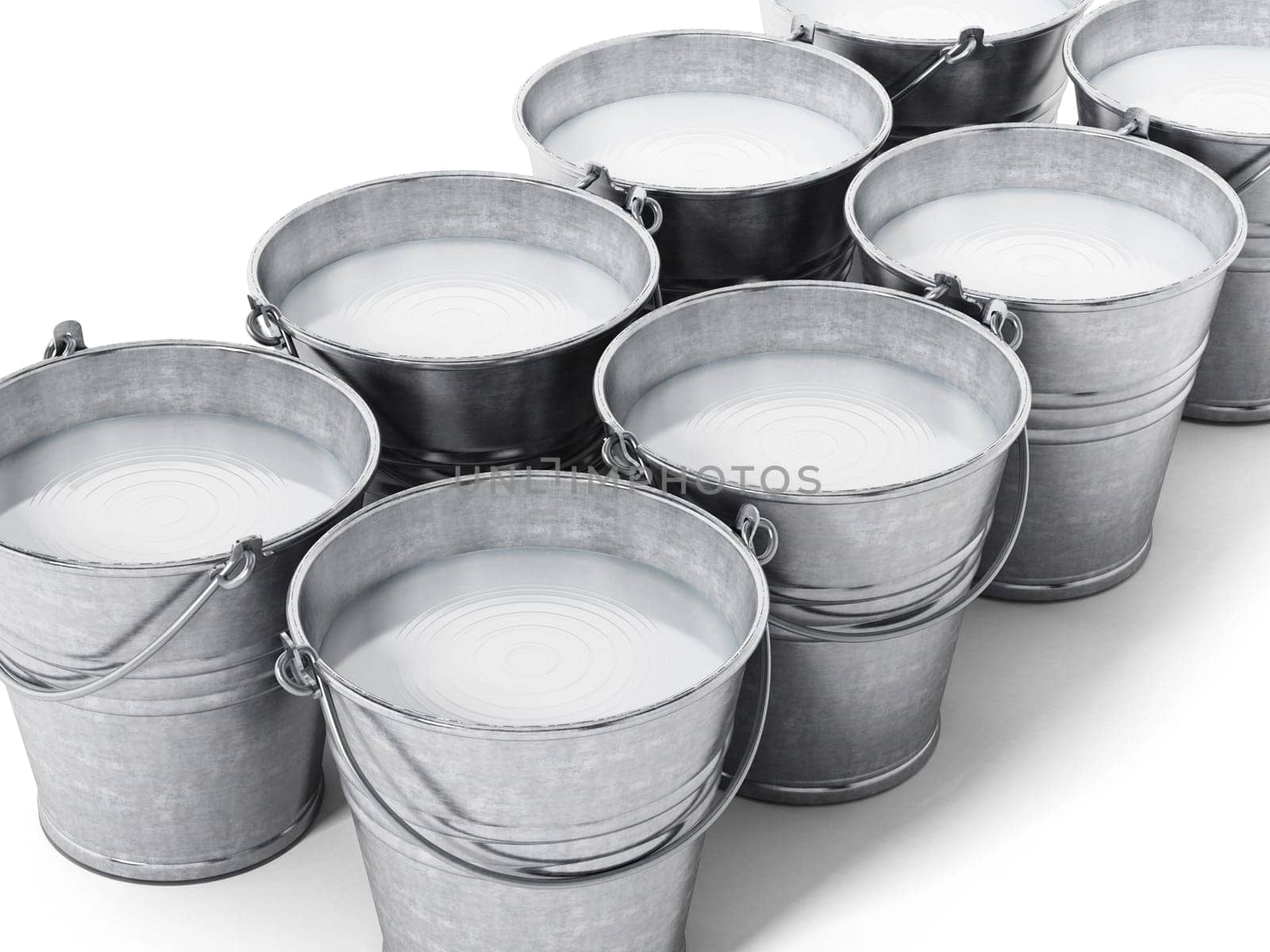 Metal bucket with milk isolated on white background. 3D illustration.