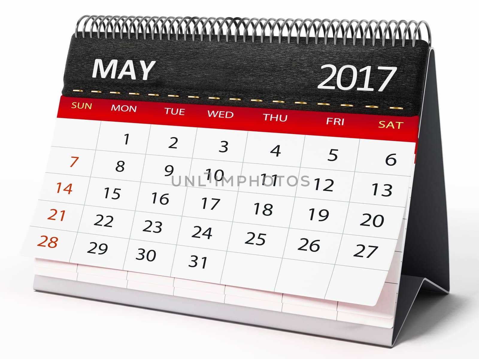 May 2017 desktop calendar isolated on white background. 3D illustration.