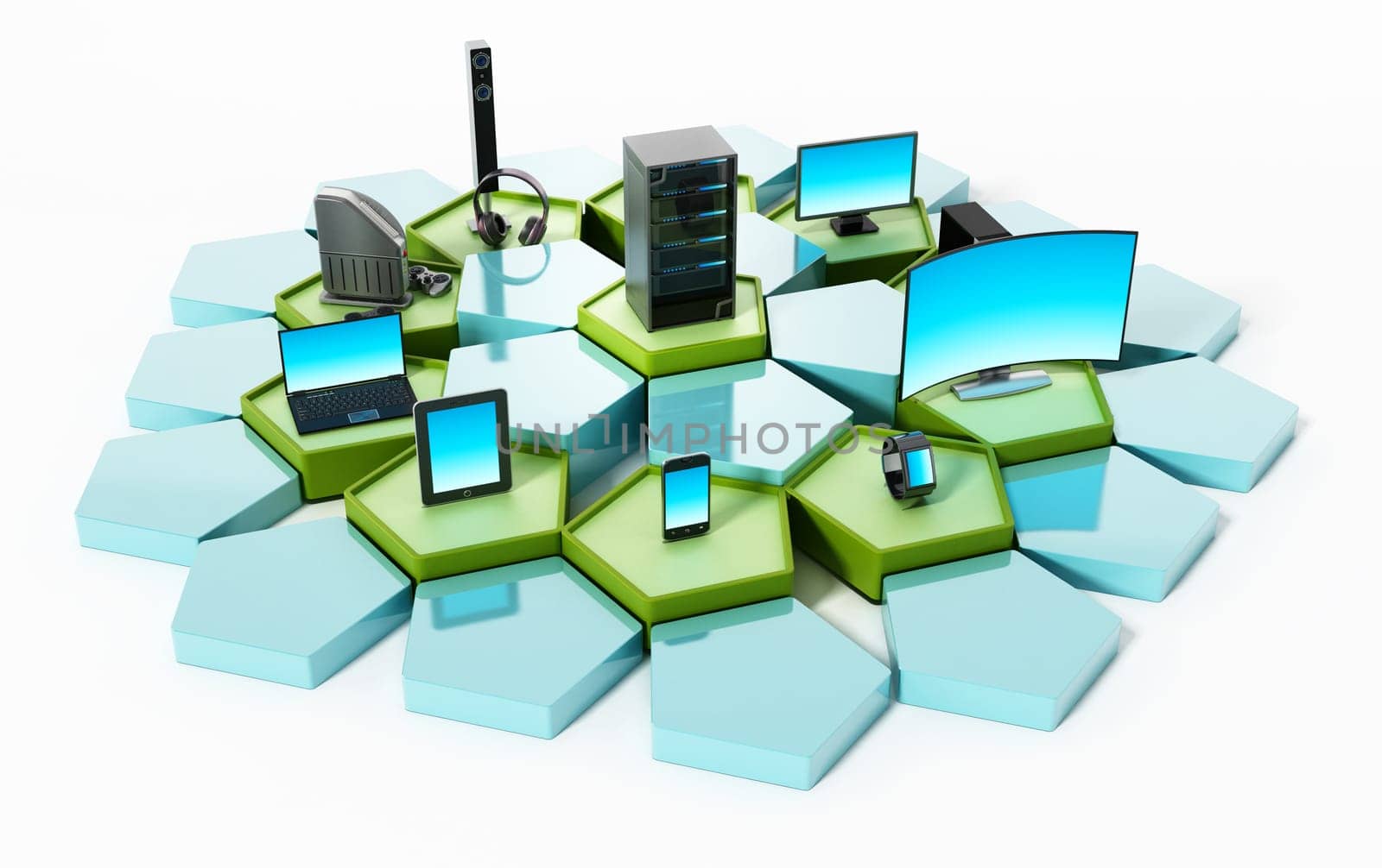 Network with pentagon tiles connecting electronic devices. 3D illustration.
