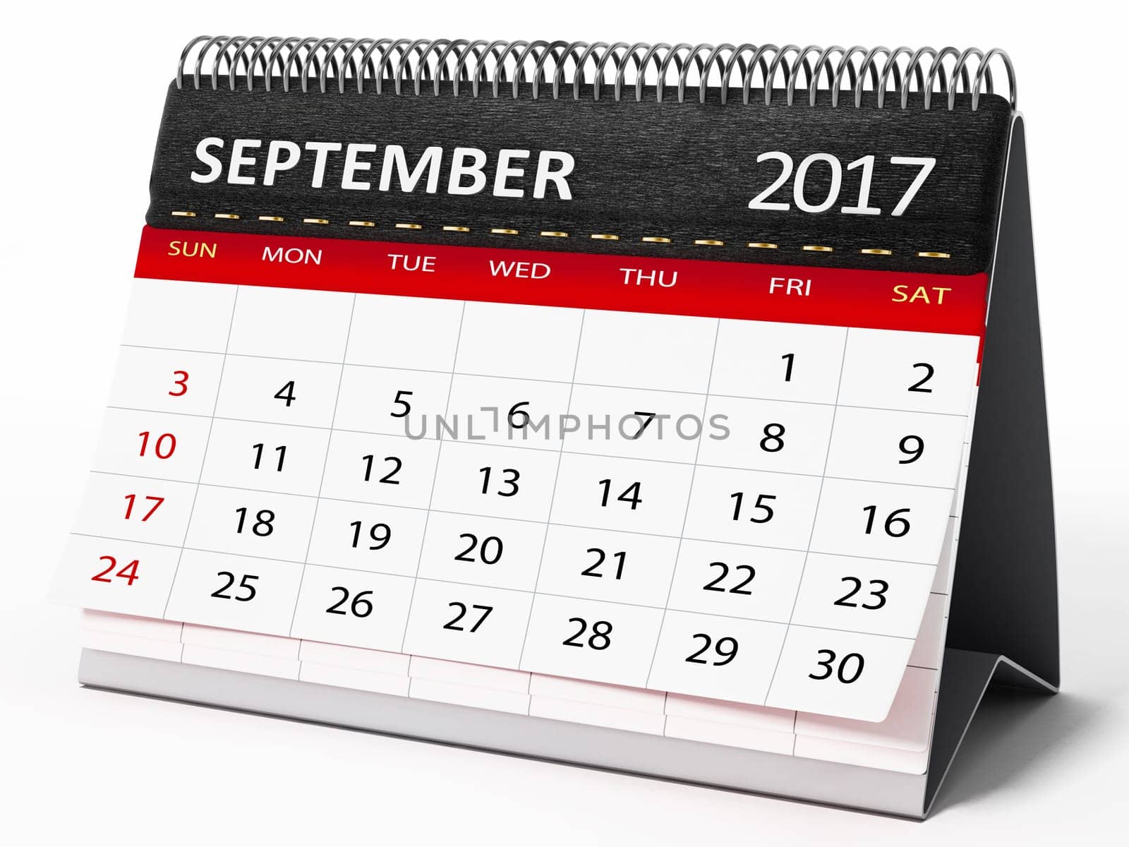 September 2017 desktop calendar isolated on white background. 3D illustration.