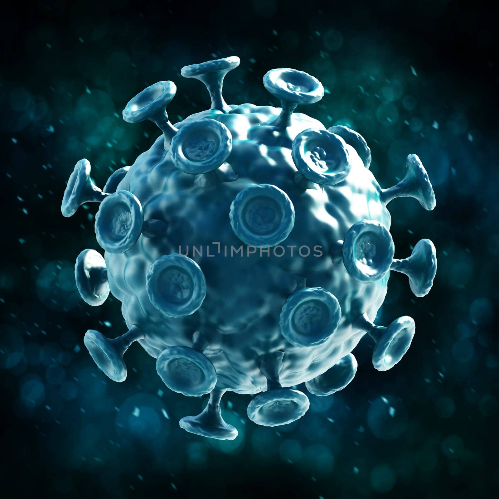 Green virus isolated on dark background. 3D illustration.