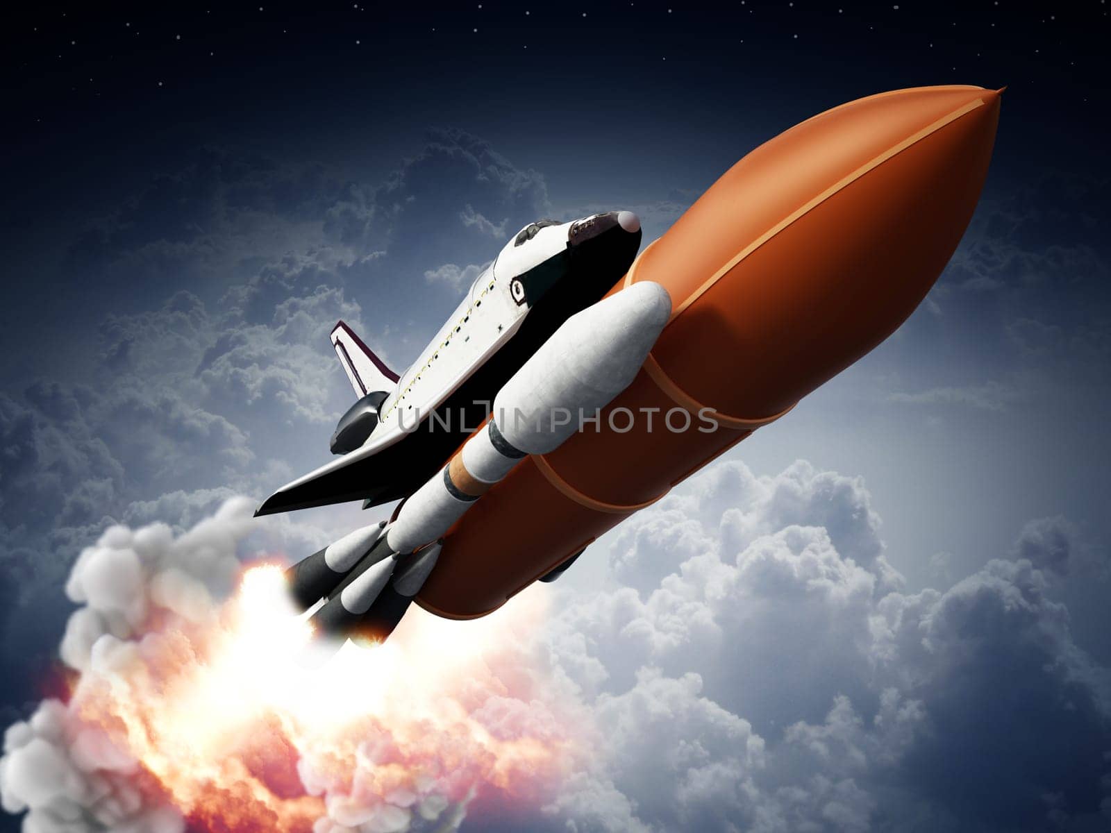 Rocket carrying space shuttle launches off. 3D illustration.