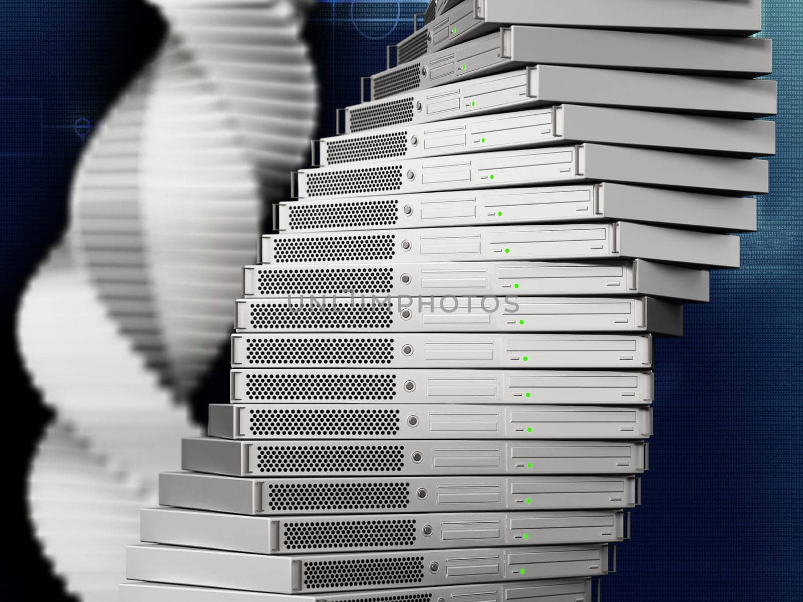 DNA shaped data server units on dark background. 3D illustration.