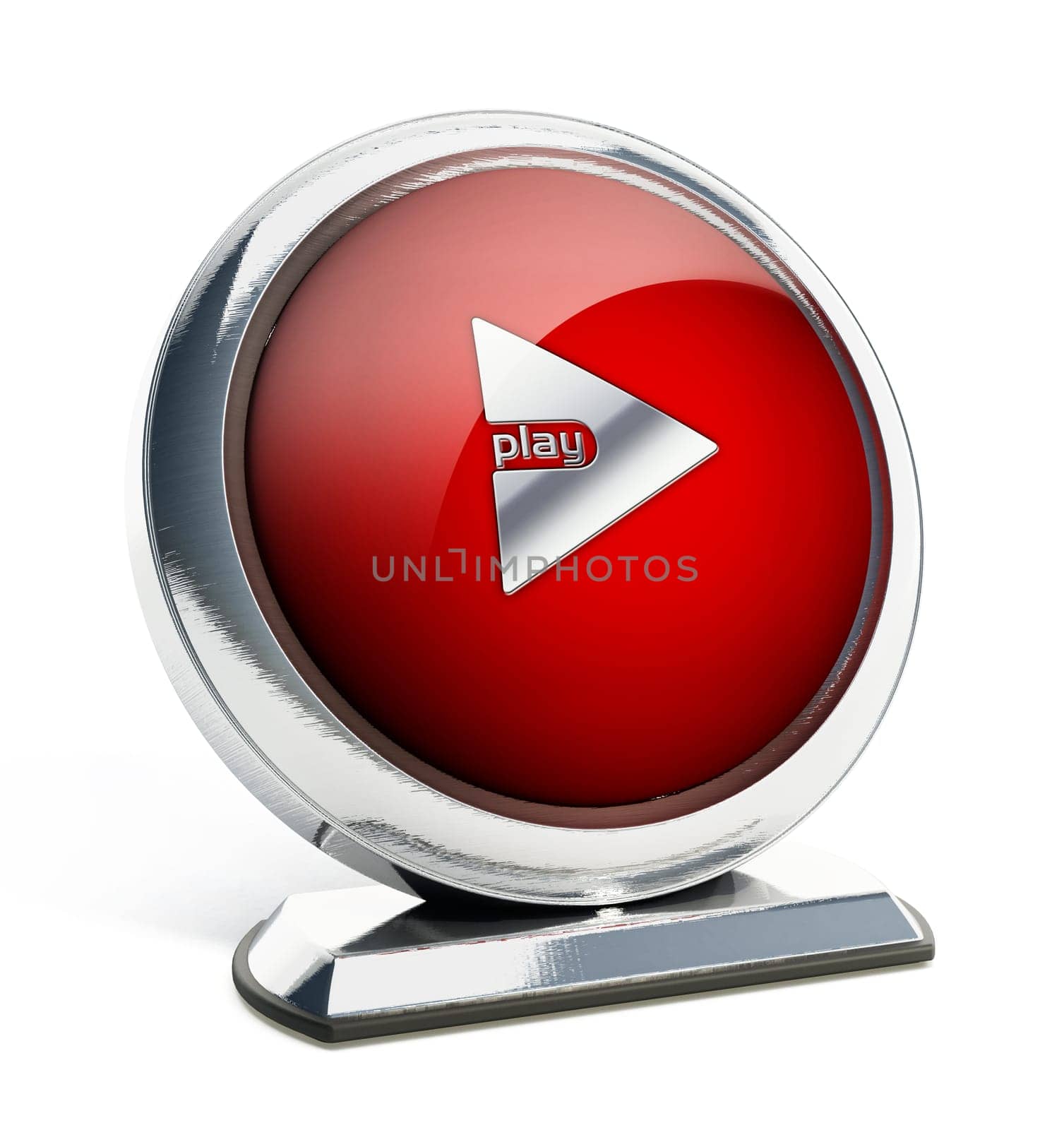 Glossy red button with play button. 3D illustration.