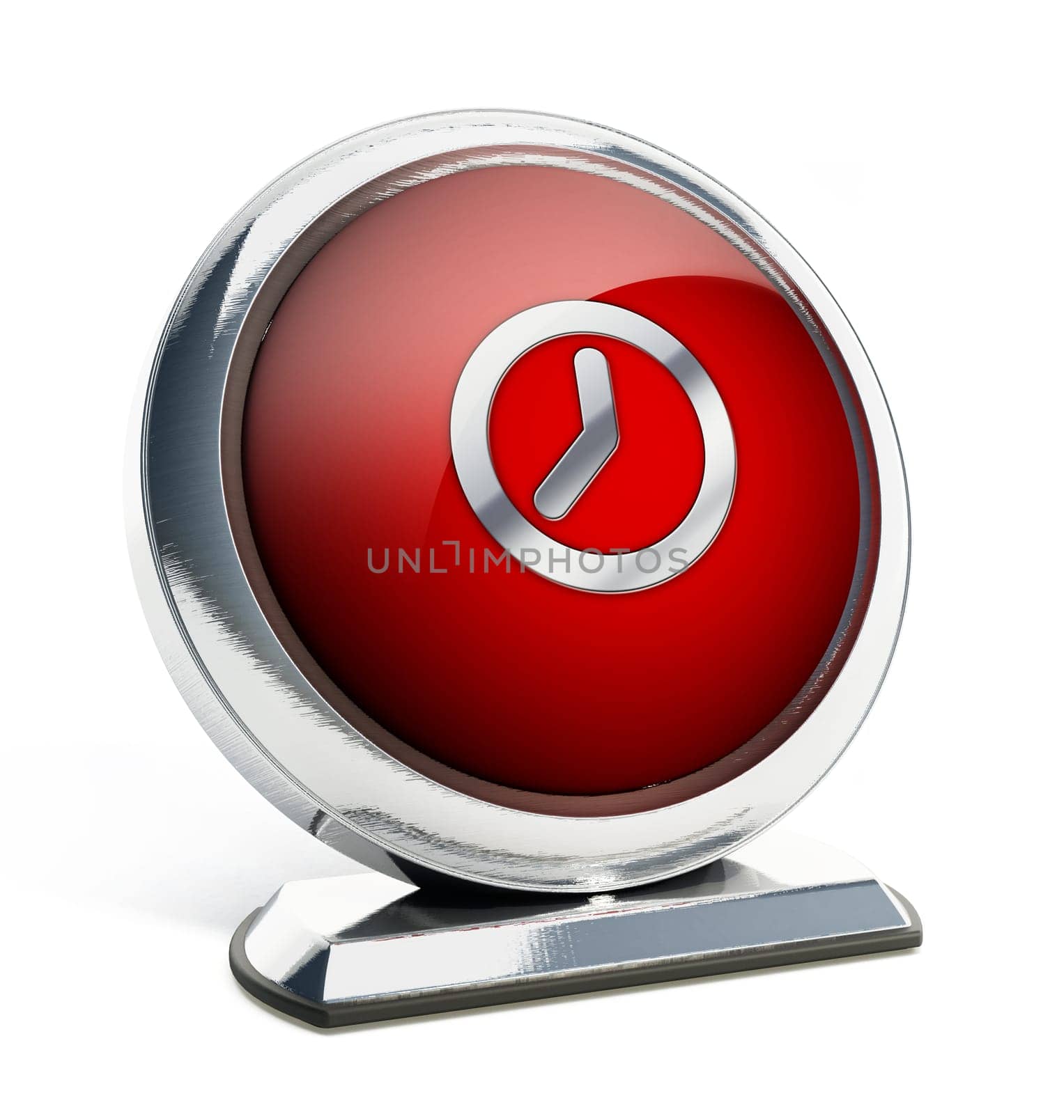 Glossy red button with clock symbol. 3D illustration.