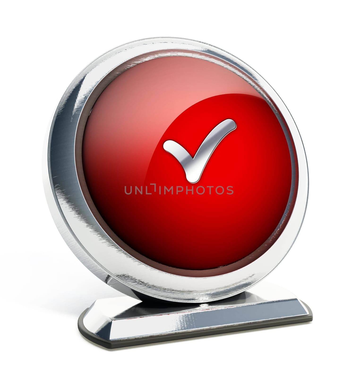 Glossy red button with checkmark symbol. 3D illustration.