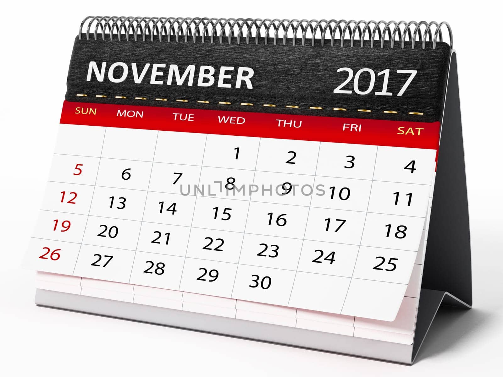 November 2017 desktop calendar isolated on white background. 3D illustration.