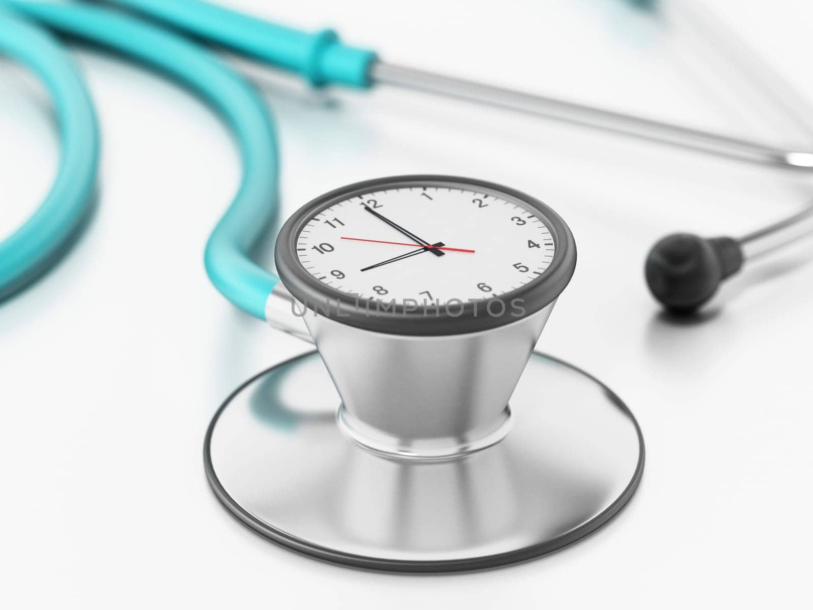 Clock connected to medical stethoscope. 3D illustration.